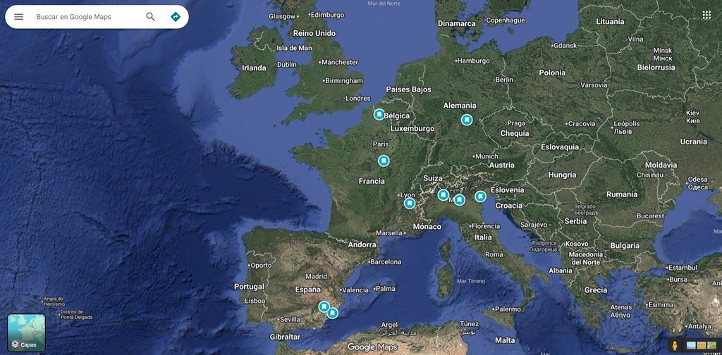 Mapa de Europa con la ubicación de las avionetas analizadas